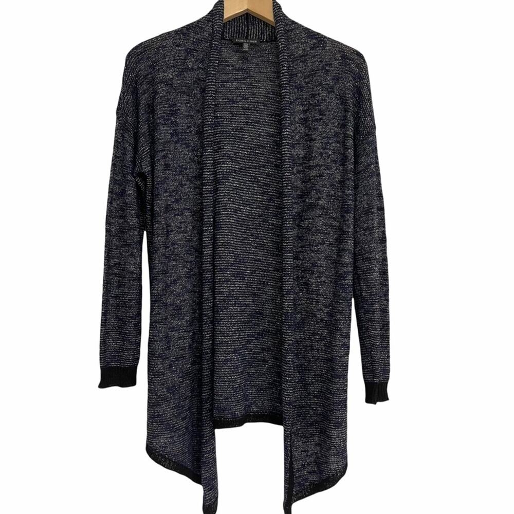 EILEEN FISHER Linen Blend Cardigan Sweater Drape Front Blue & Black Knit Size XS